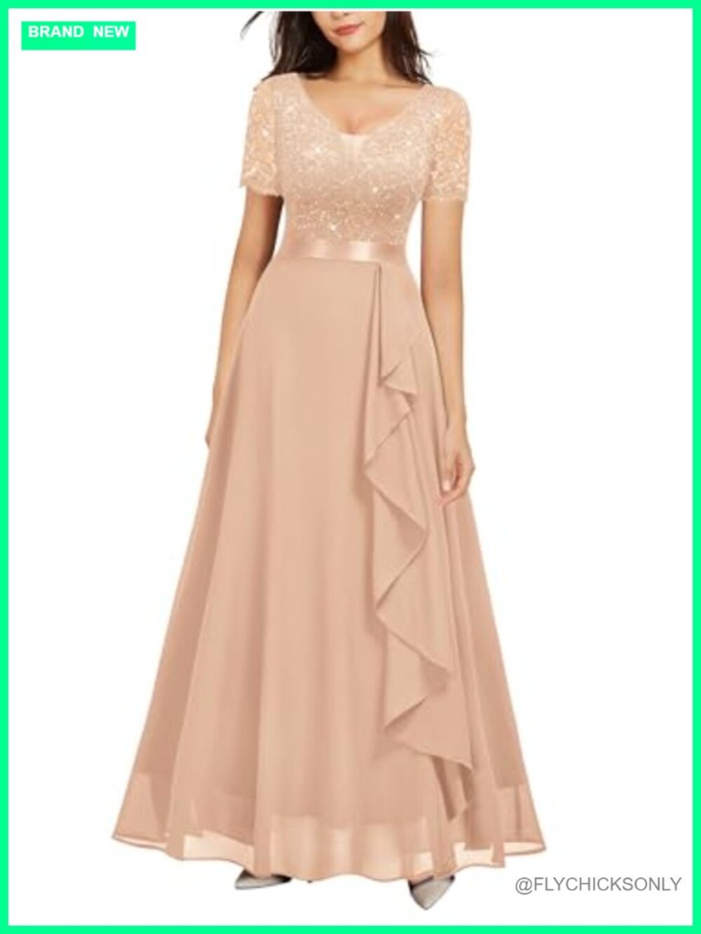 Miusol Sequined Lace Maxi Bridesmaid Dress V-Neck A-Line Formal Gown